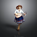 Traditional Folk Doll Figure Wearing White Blouse And Blue Decorative Skirt With Stringed Instrument