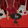 Red Curtain Stage Featuring Golden Chair Playing Card Elements Heart Decoration And Hot Air Balloon