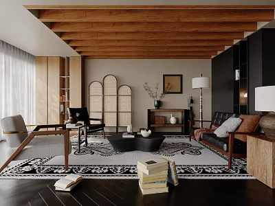 Modern Living Room Interior With Wooden Ceiling Beams Arched Divider Sofa And Patterned Rug 3d model