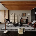 Modern Living Room Interior With Wooden Ceiling Beams Arched Divider Sofa And Patterned Rug
