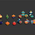 Colorful Decorative Balls With Various Colors Diverse Patterns Hanging And Placed On Dark Surface