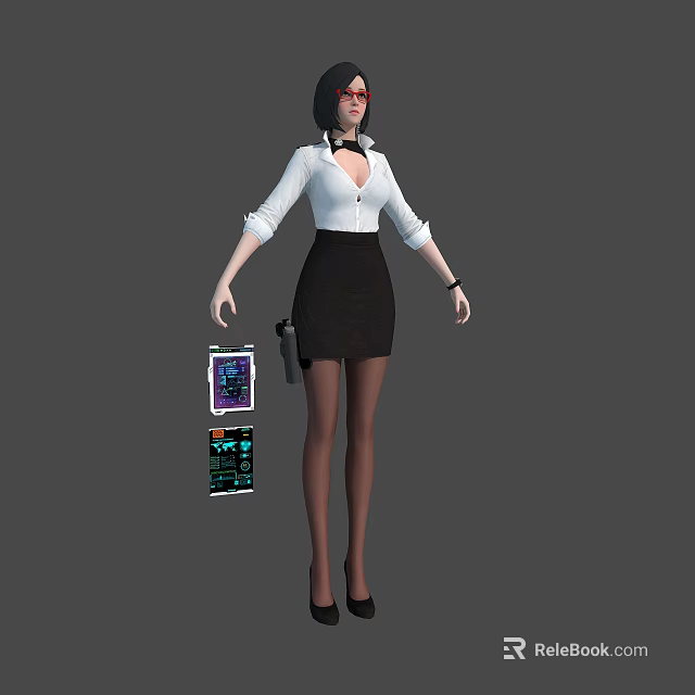 Woman In White Shirt And Black Skirt Holding Tablet With Tech Interface And Gun 3d model 