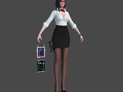 Woman In White Shirt And Black Skirt Holding Tablet With Tech Interface And Gun 3d model