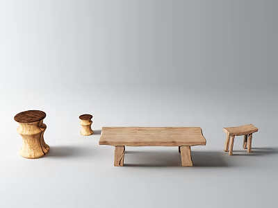 Different Styles of Handcrafted Wooden Stools and a Long Wooden Bench 3d model