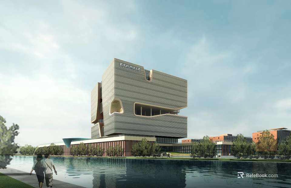 Modern University Building With Unique Geometric Design By Waterfront Trees And Pedestrians 3d model 