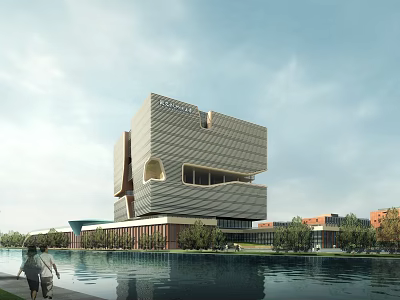 Modern University Building With Unique Geometric Design By Waterfront Trees And Pedestrians 3d model