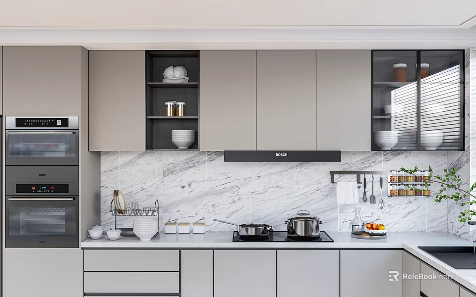 Sleek Modern Kitchen Interior Design With Gray Cabinets Marble Backsplash And Appliances 3d model