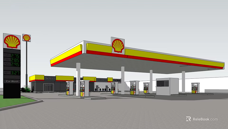 Shell Gas Station Exterior With Yellow Red Canopy And Fuel Pumps 3d model 