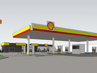Shell Gas Station Exterior With Yellow Red Canopy And Fuel Pumps 3d model