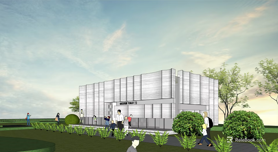 Modern Cultural Center Exterior With Green Landscaping And People Around 3d model 