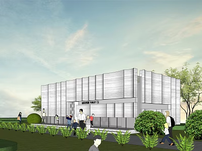 Modern Cultural Center Exterior With Green Landscaping And People Around 3d model
