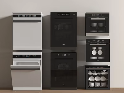 White and Black Kitchen Appliances Neatly Arranged Against Wall with Dishwasher Oven Sterilizer 3d model
