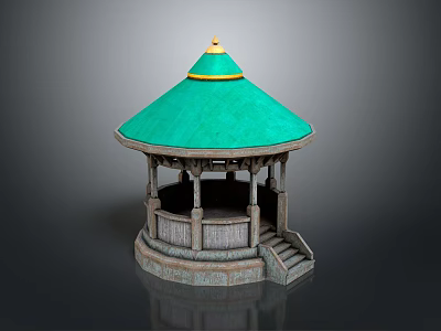 Traditional Round Pavilion Featuring Green Roof Golden Top And Wooden Structure Steps 3d model