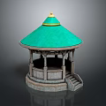 Traditional Round Pavilion Featuring Green Roof Golden Top And Wooden Structure Steps