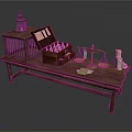 Woman Arranging Antiques On Wooden Table With Birdcage Chess Chest And Scrolls