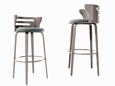Modern Wooden Frame Bar Stools With Gray Upholstered Seat And Metal Footrest 3d model