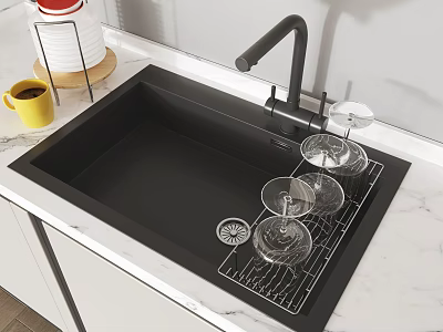 Black Kitchen Sink with Dish Rack and Glass Cups and Black Faucet on Marble Countertop 3d model