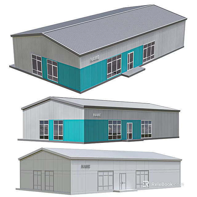 Modern Metal Industrial Warehouse Design With Sloped Roof And Blue White Exterior Panels 3d model 