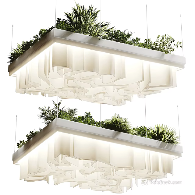 Modern Layered Chandelier With Green Plants On Top White Structure And Hanging Design 3d model 