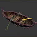 Vintage Red Wooden Boat With Oar Rope And Worn Seats On Gray Background
