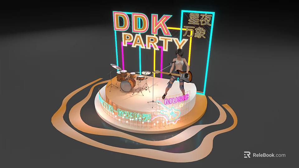 Vibrant Circular Stage with Neon Lights Guitarist Drum Set and Music for DDK Party 3d model 