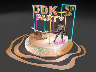 Vibrant Circular Stage with Neon Lights Guitarist Drum Set and Music for DDK Party 3d model