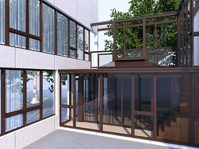 Spacious Sunroom Design With Large Glass Windows Wooden Frame And Outdoor View 3d model
