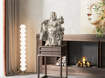 Classic Buddha Sculpture On Wooden Stand With Fireplace And Green Plants Decor 3d model