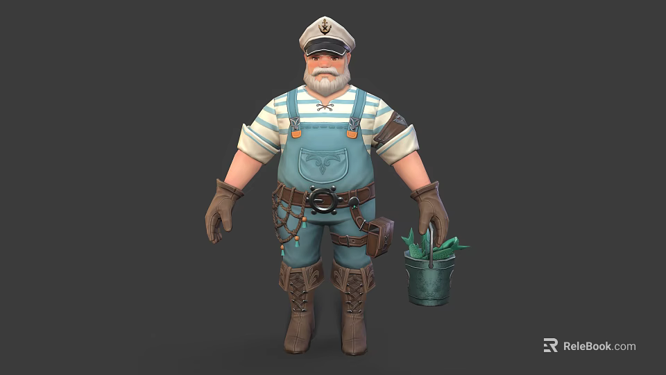Old Captain In Striped Shirt And Overalls Holding Green Potted Plant With Tool Belt 3d model 