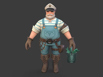Old Captain In Striped Shirt And Overalls Holding Green Potted Plant With Tool Belt 3d model