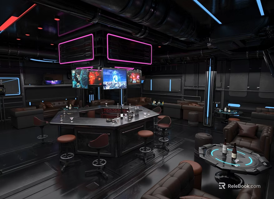 Modern Bar Interior With Neon Lights Leather Stools Bar Counter And TV Screens 3d model 