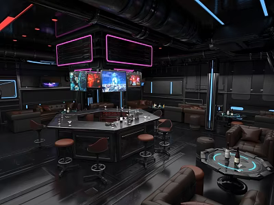 Modern Bar Interior With Neon Lights Leather Stools Bar Counter And TV Screens 3d model