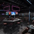 Modern Bar Interior With Neon Lights Leather Stools Bar Counter And TV Screens