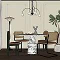 Elegant Dining Table Set With Marble Top Wicker Chairs Chandelier And Green Plant