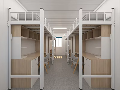 Modern Dormitory Room With Bunk Beds Desks And Wooden Storage Cabinets 3d model