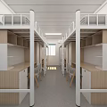 Modern Dormitory Room With Bunk Beds Desks And Wooden Storage Cabinets