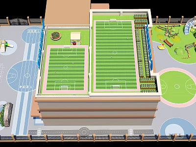 School Building Rooftop Featuring Football Fields Basketball Courts And Green Spaces 3d model