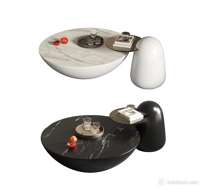 Modern White And Black Marble Coffee Table With Irregular Base Fruit Books And Cups 3d model