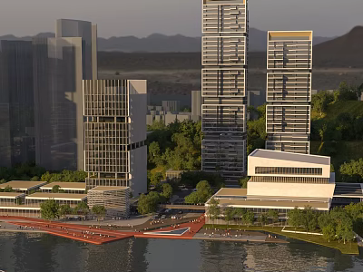 Aerial View Planning Of Modern High Rise Buildings With Waterfront Green Spaces And Mountain Backdrop 3d model