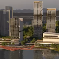 Aerial View Planning Of Modern High Rise Buildings With Waterfront Green Spaces And Mountain Backdrop
