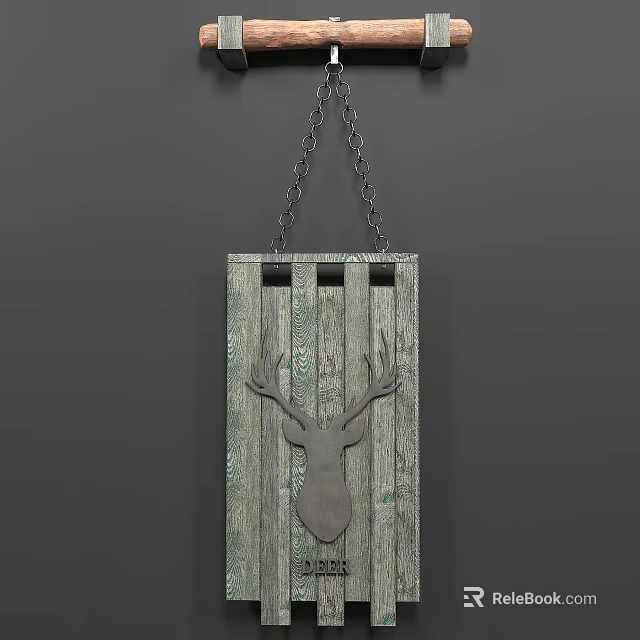 Rustic Wooden Wall Decor with Distressed Gray Finish and Metal Deer Head Hanging on Chain 3d model 