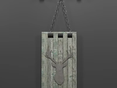 Rustic Wooden Wall Decor with Distressed Gray Finish and Metal Deer Head Hanging on Chain 3d model