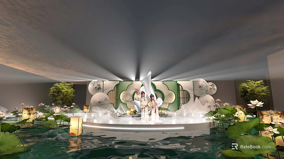 Traditional Themed Stage Scene With Water Lotus Leaves Lanterns And Costume Figures 3d model 