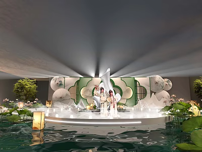 Traditional Themed Stage Scene With Water Lotus Leaves Lanterns And Costume Figures 3d model