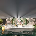 Traditional Themed Stage Scene With Water Lotus Leaves Lanterns And Costume Figures