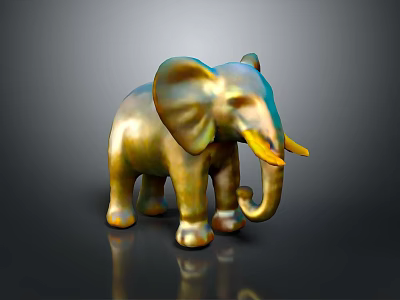 Golden Elephant Figurine With Metallic Surface Yellow Ivory Tusks Standing On Black Background And Reflection 3d model