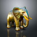 Golden Elephant Figurine With Metallic Surface Yellow Ivory Tusks Standing On Black Background And Reflection