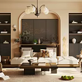 Elegant Modern Living Room Interior With Beige Sofa Arched Design And Chandelier Bookshelves And Curtains