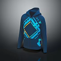 Modern Blue Zip Up Hoodie With Geometric Patterns And Orange Accents