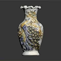 White Ceramic Vase with Peacock and Floral Patterns Golden Blue Accents Ruffled Rim
